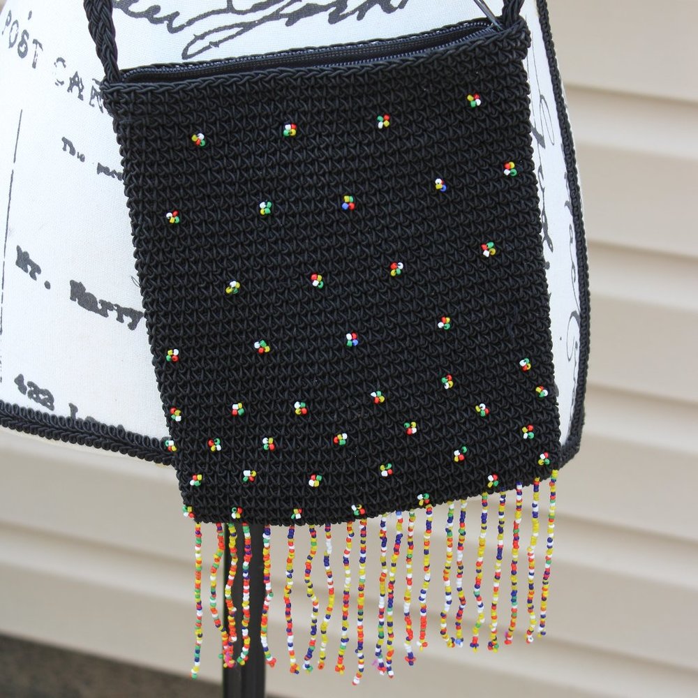 Carlo D'Santi Crossbody Black Purse w/ Seed Bead Embellishments